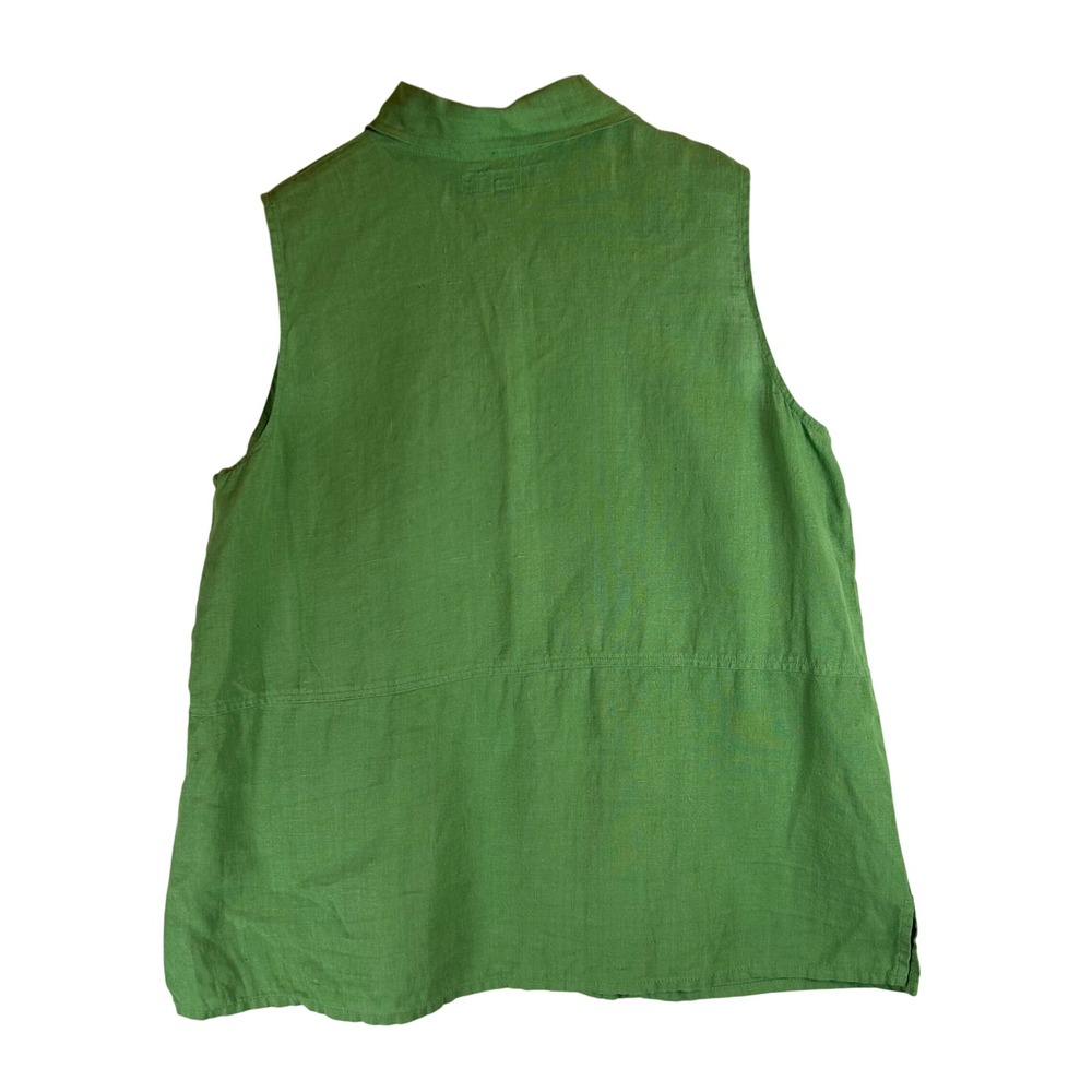 FLAX Women Green 100% Linen Sleeveless Button Front Pocket Top Shirt Size Medium - Picture 2 of 9